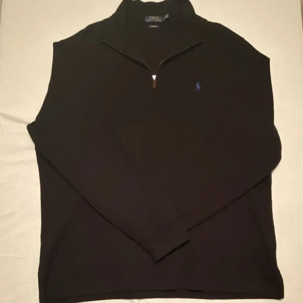 Polo Ralph Lauren Mens L Black 1/4 Zip Mock Neck Rib-Knit Logo Sweater